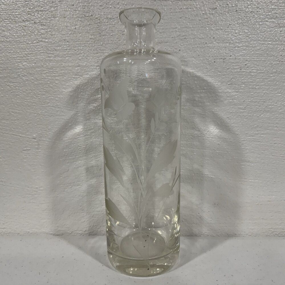 Vintage Etched Clear Glass Bottle Decanter Wheat FloralPattern Antique Barware